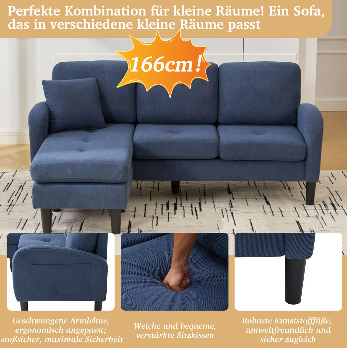 ECKSOFA L-Form Cord mit modularer Chaiselongue Blau 166/118/77 cm - Blau, Textil (166/118cm) - Redom