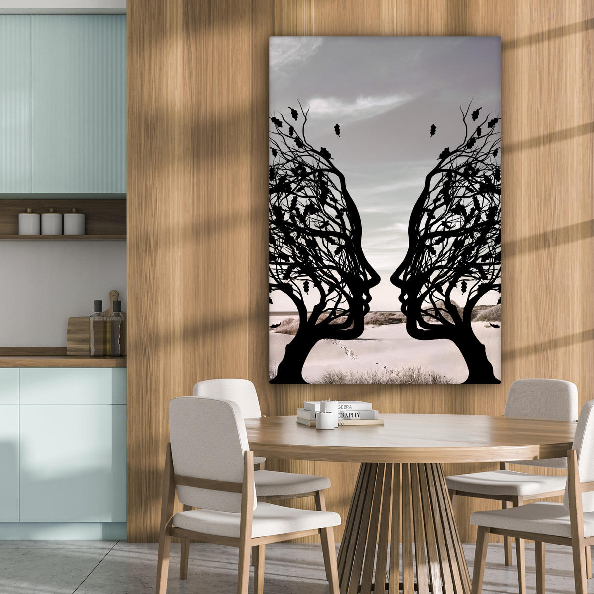 LEINWANDBILD Strand - Meer - Menschen - Baum - Moderne Kunst 80x120 cm - Hellgrau, Textil (80/120cm) - MuchoWow