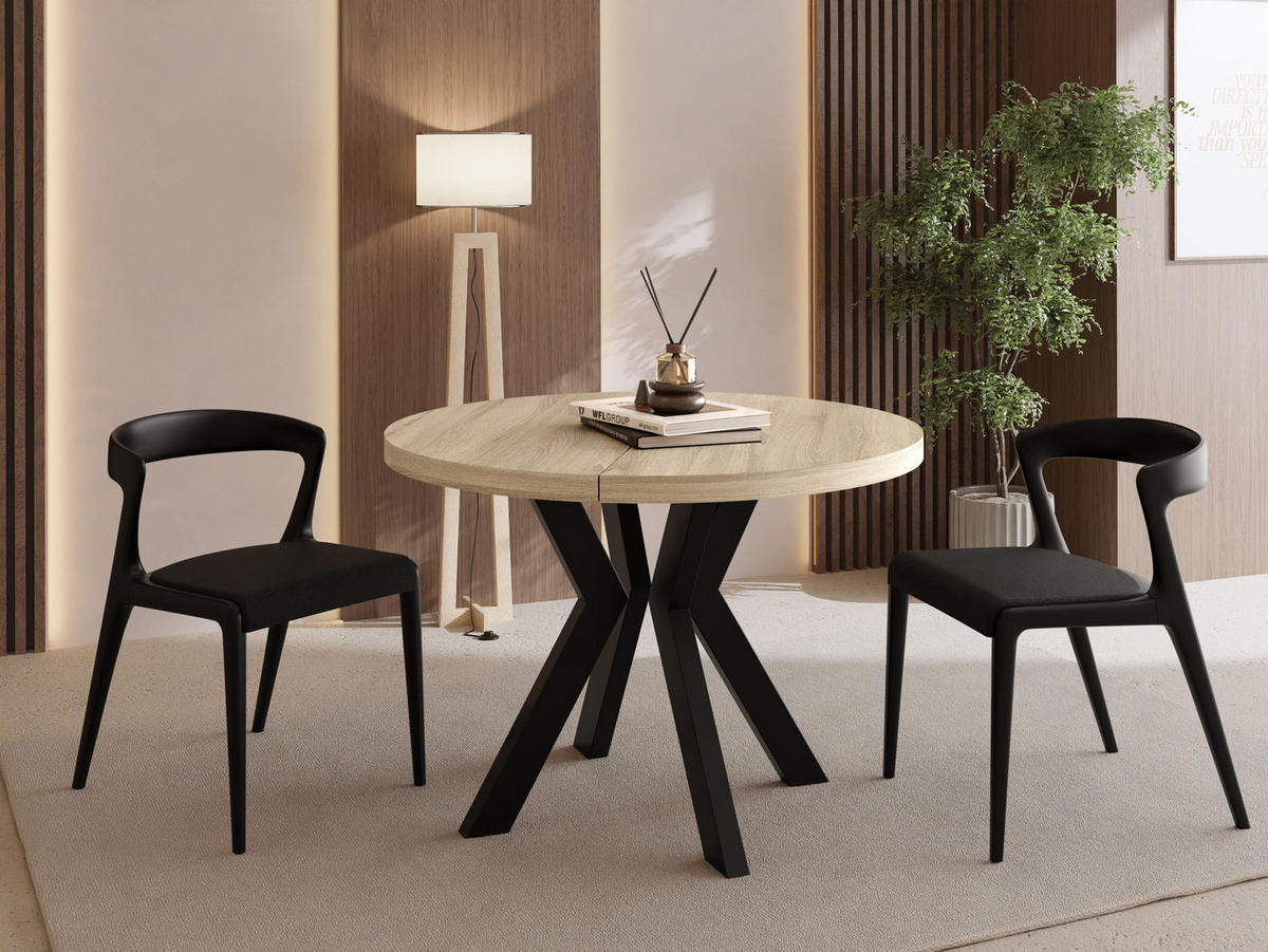 ESSTISCH Savio rund ausziehbar verlängerbar, Eiche Sonoma Hellbraun 80-130/80/77 cm - Schwarz/Sonoma Eiche, Holz/Holzwerkstoff (80/80/77cm) - WFL GROUP