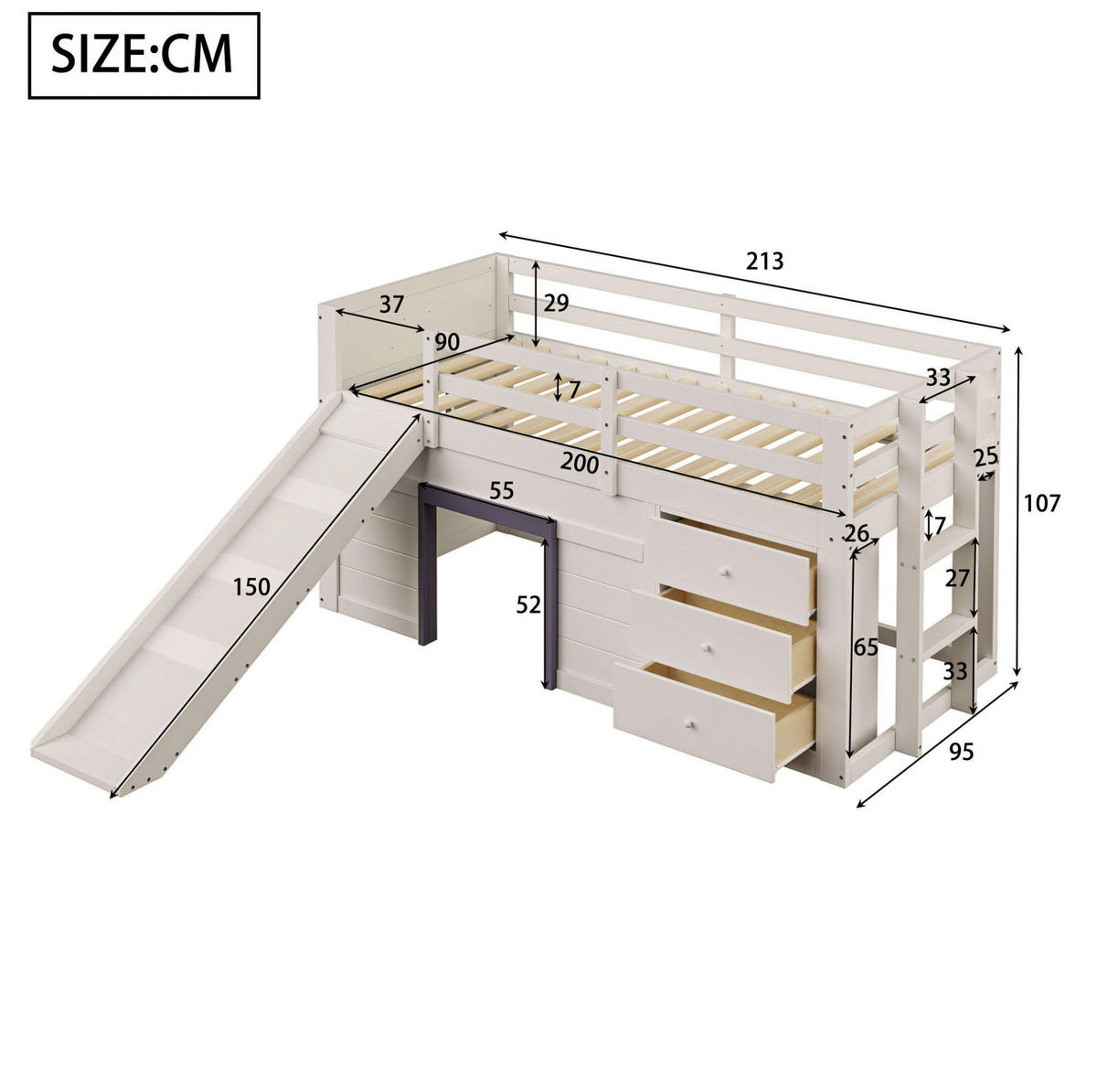 VISOKA postelja 90/200 cm krem iz MDF in bora s toboganom ter 3 predali in 2 vrati - bela, leseni material (90/200cm) - OKWISH