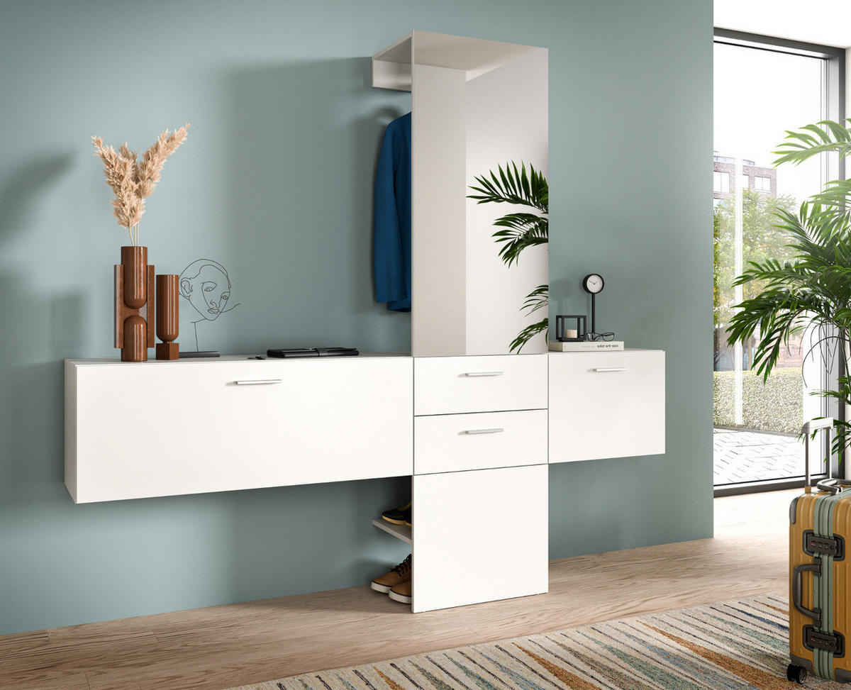 GARDEROBE Set 3-teilig weiß 208 cm, Komplettset mit Spiegel - Silberfarben/Weiß, Glas/Holzwerkstoff (208/190/36cm) - Inn.Furn