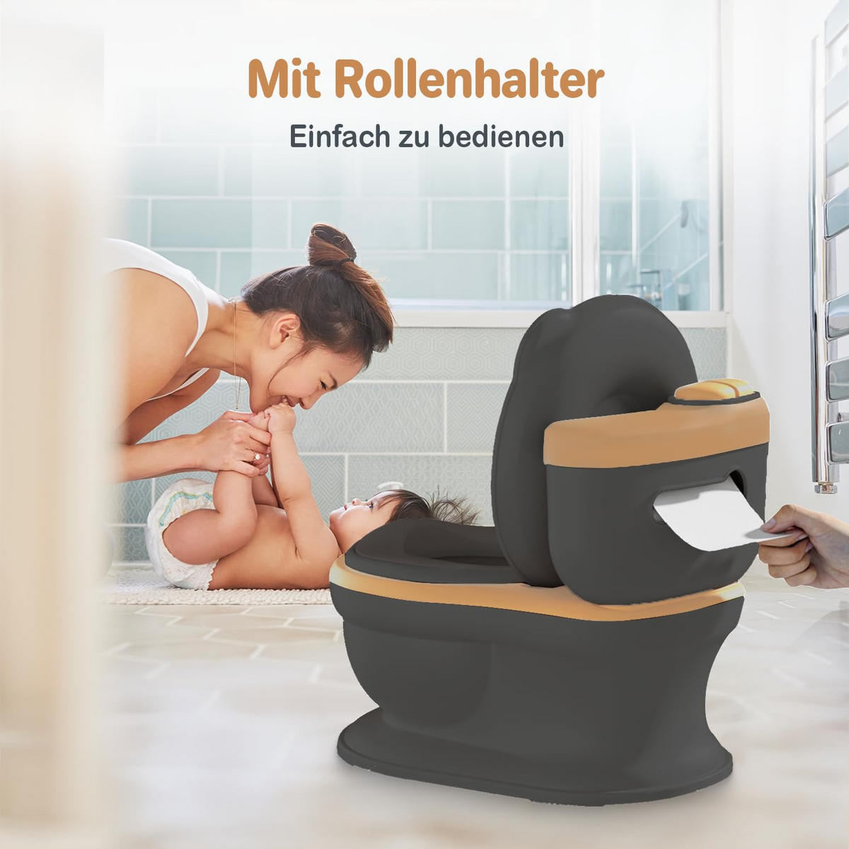 TÖPFCHEN 3-in-1 Potty Trainer & Kindertoilette Schwarz Braun - Schwarz/Braun, Kunststoff (39/40cm) - Twinky
