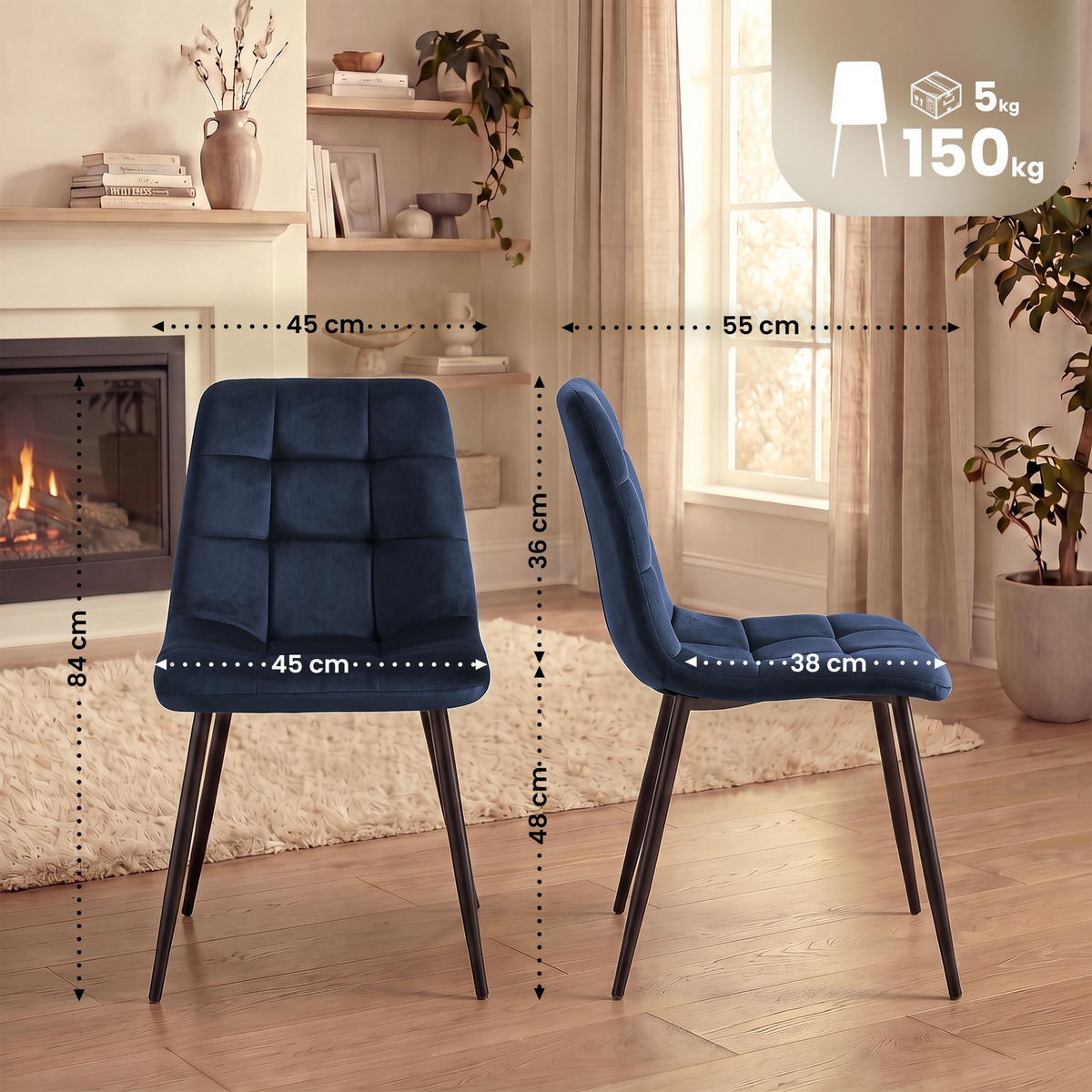 STUHL 4 Samt Blau - Blau/Schwarz, Textil/Metall (45/84/55cm) - CLP