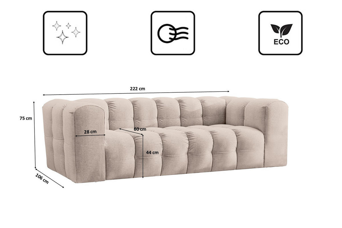 SOFA 3-Sitzer, Komfort, BALOO, Stoff Schenille, Beige - Beige, Holz (222/75/106cm) - Kaiser Möbel