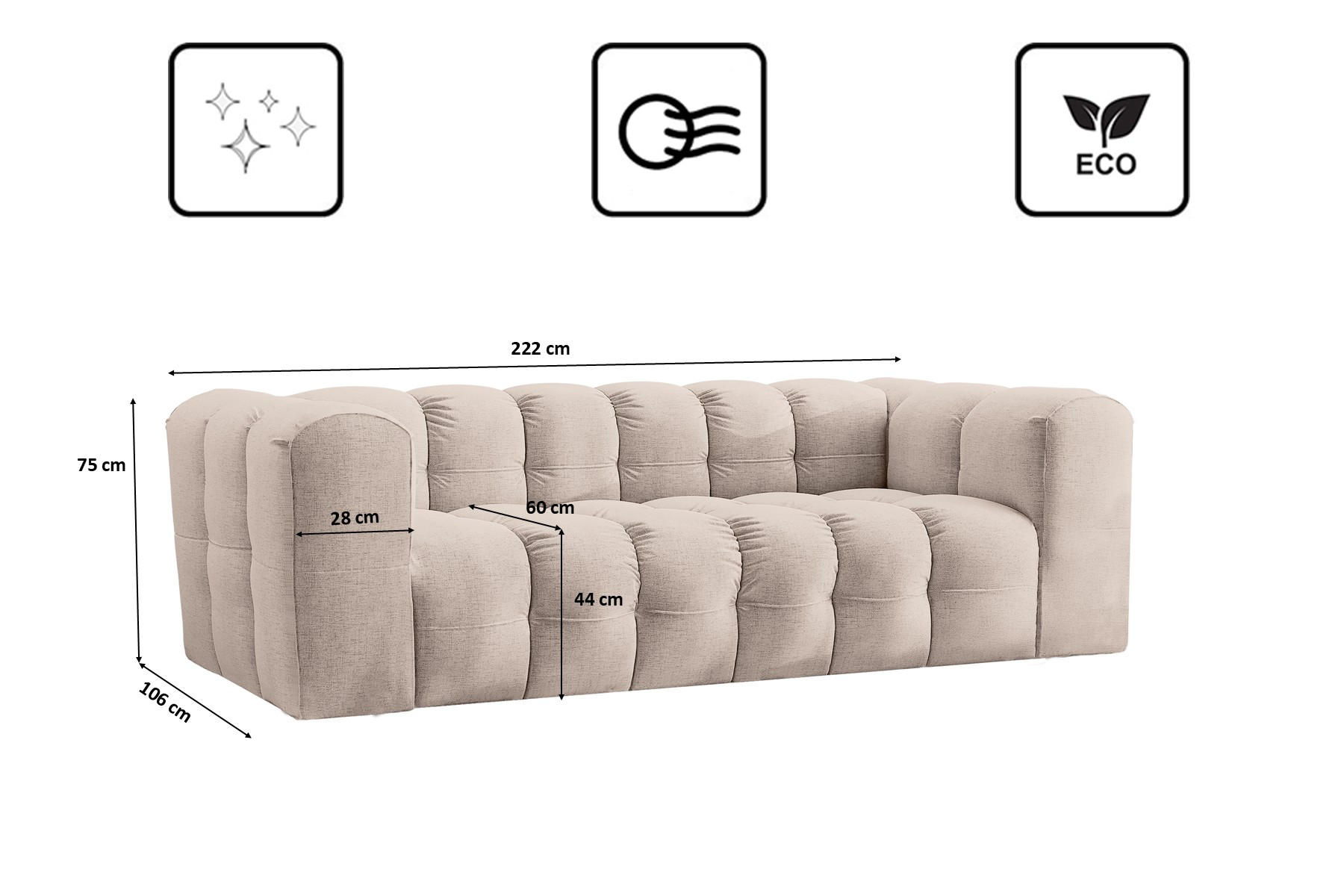 Thumbnail - Kaiser Möbel Sofa, Beige, Holz, 3-Sitzer, 222x75x106 cm, Wohnzimmer, Sofas & Couches, Sofas, 3-Sitzer Sofas