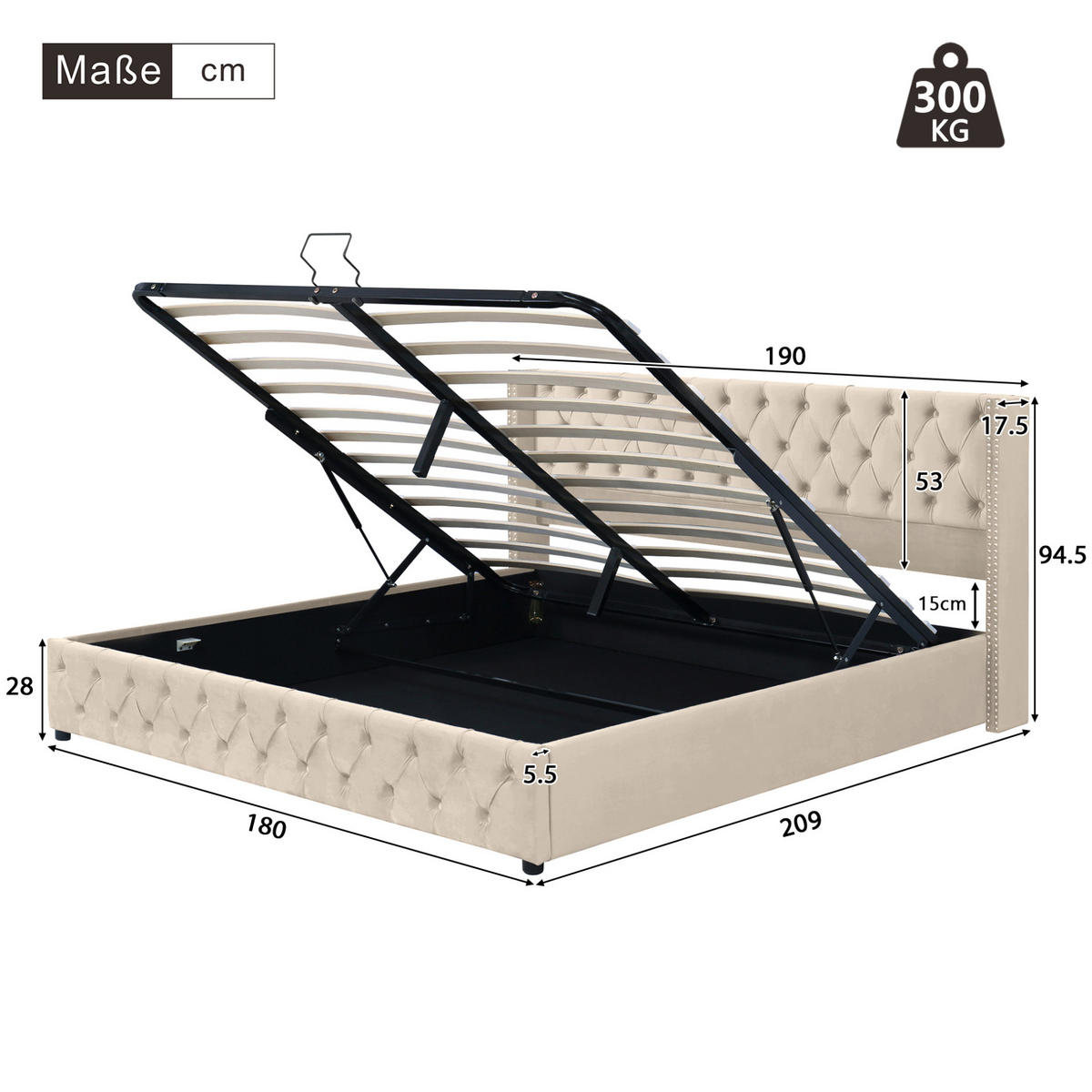 POLSTERBETT 180/200 cm Beige mit hydraulischem Bettkasten und Chesterfield-Design - Beige, Textil (180/200cm) - OKWISH