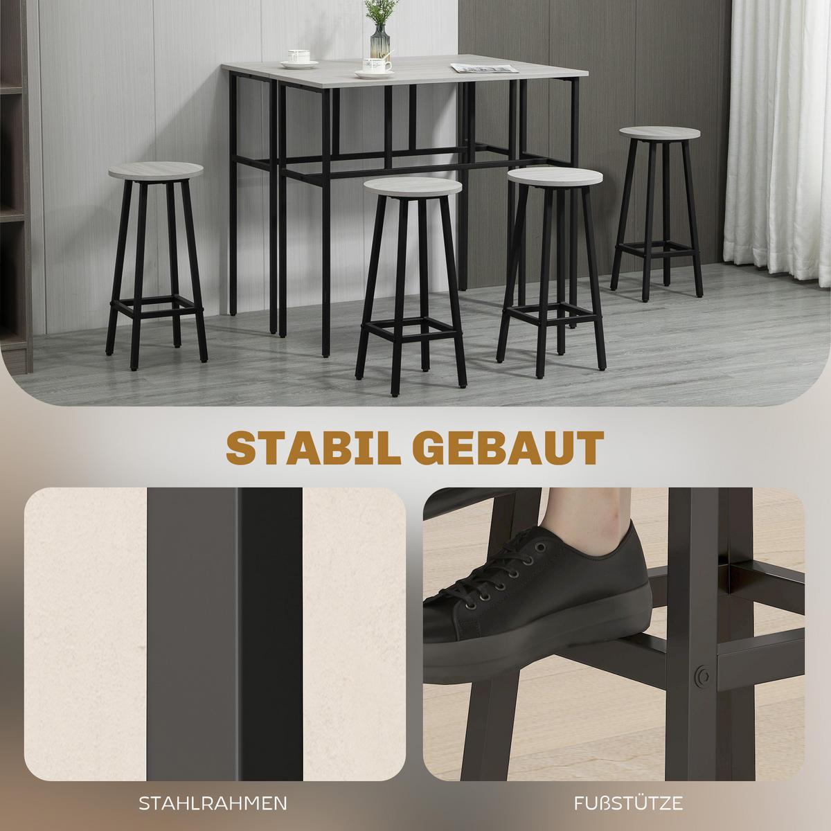 BARTISCH-SET, Spanplatte, Grau+Schwarz - Grau, Kunststoff (40/90/100cm) - HOMCOM