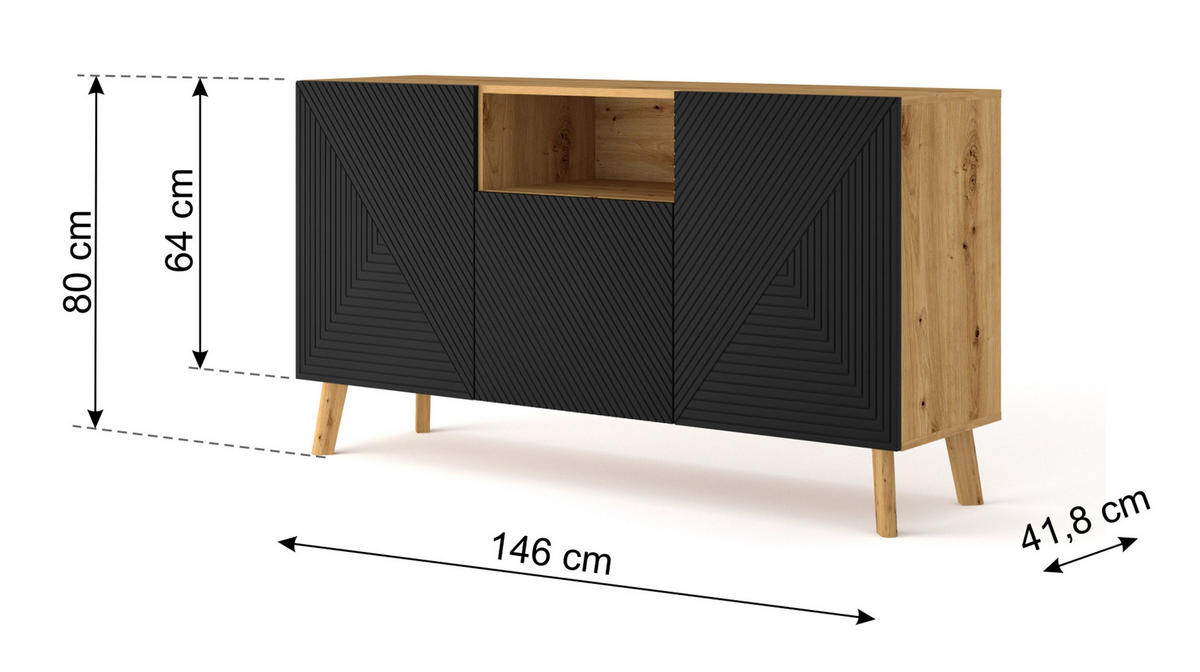 KOMMODE Artisan Eiche, Schwarz 146/80/42 - Schwarz, Holzwerkstoff (146/80/42cm) - RAUMHIRSCH FURNITURE