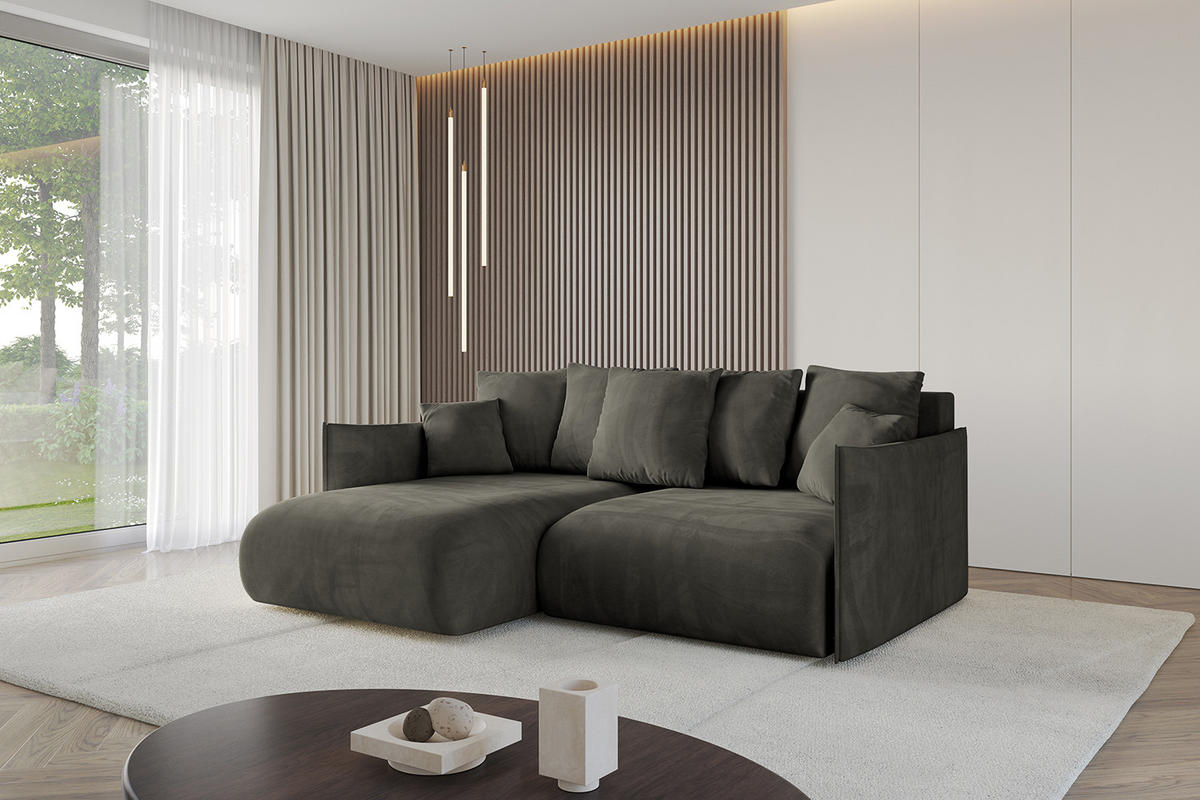 ECKSOFA mit Schlaffunktion und Bettkasten ONESK-L 208x165x40 Schwarz Velours - Schwarz, Holzwerkstoff/Kunststoff (208/165cm) - ALTDECOR