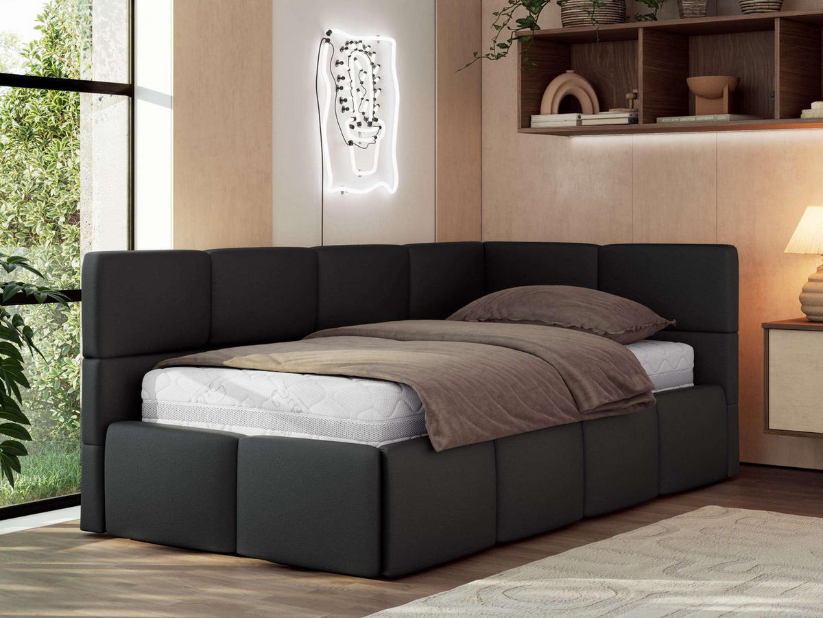 JUGENDBETT ARVO 90/200 - Schwarz Kunstleder - Pocket-Matratze - Rechts Seite - Schwarz, Textil (90/200cm) - MKS