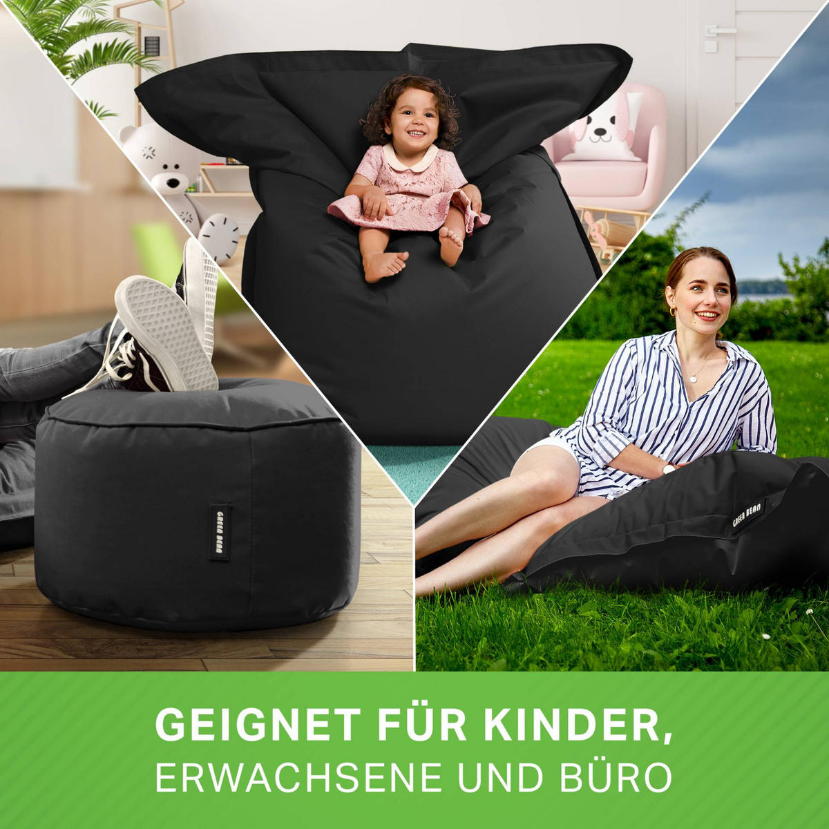XXL-SITZSACK + Pouf 2er Set - 140x180cm - Schwarz, Textil (140/25/180cm) - Green Bean