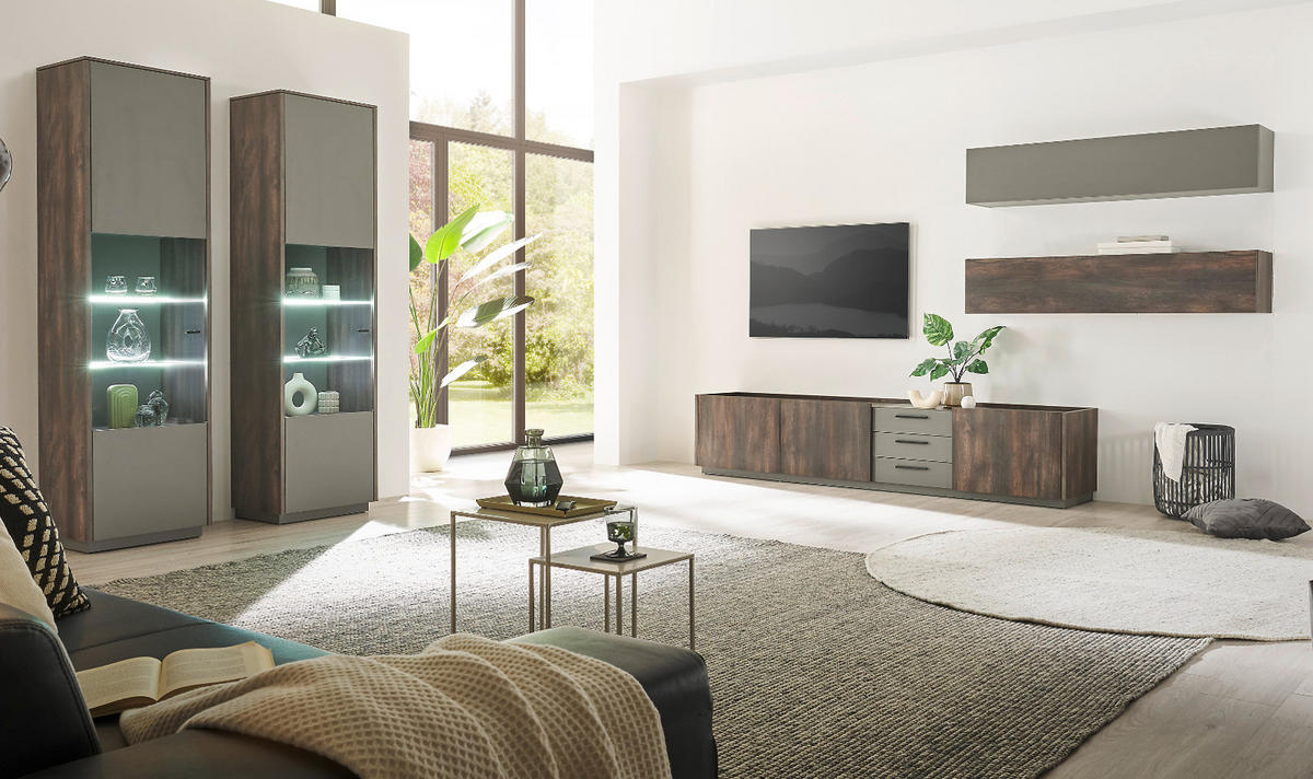 WOHNWAND Thermo Eiche, grau, Set 3-teilig mit XXL TV-Lowboard und Soft-Close - Eichefarben/Grau, Holzwerkstoff/Metall (390/200/45cm) - Furn.Design