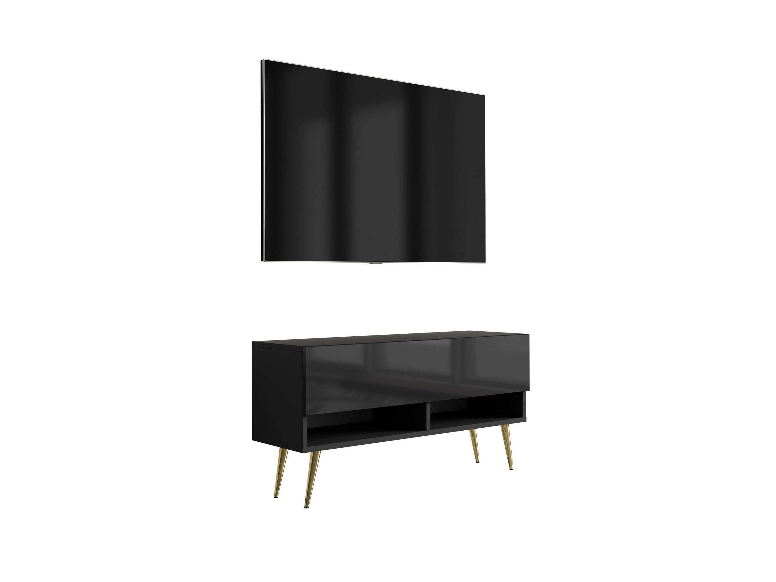 TV-LOWBOARD 100 cm Mattschwarz / Hochglanzschwarz, goldene schräge Beine, 100 × 32 × 52 cm - Schwarz, Holzwerkstoff (100/52/32cm) - 3XE LIVING