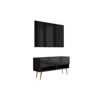 TV-LOWBOARD 100 cm Mattschwarz / Hochglanzschwarz, goldene schräge Beine, 100 × 32 × 52 cm - Schwarz, Holzwerkstoff (100/52/32cm) - 3XE LIVING