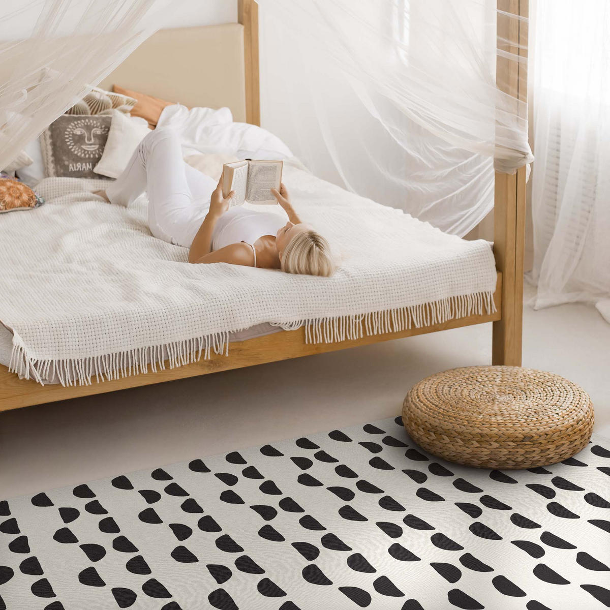 TEPPICH 60x90 cm Unregelmäßige Halbmonde Boho Muster - Hellgrau, Kunststoff (60/90cm) - Wallfluent