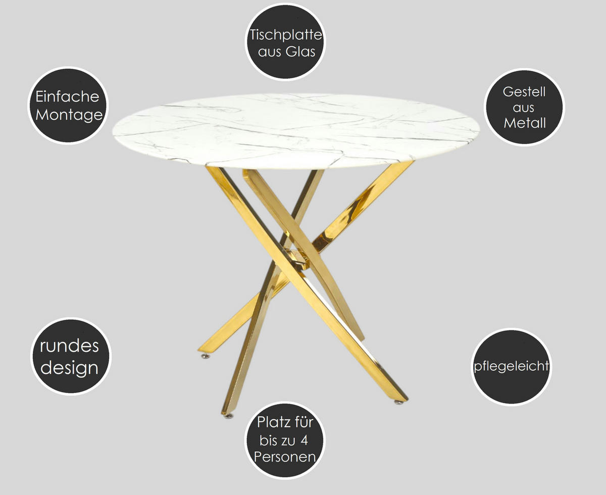 ESSTISCH Rund HAW-555 Marmor Weiß Gold Glas 100/75 cm - Goldfarben/Weiß, Glas/Metall (100/100/75cm) - designimpex