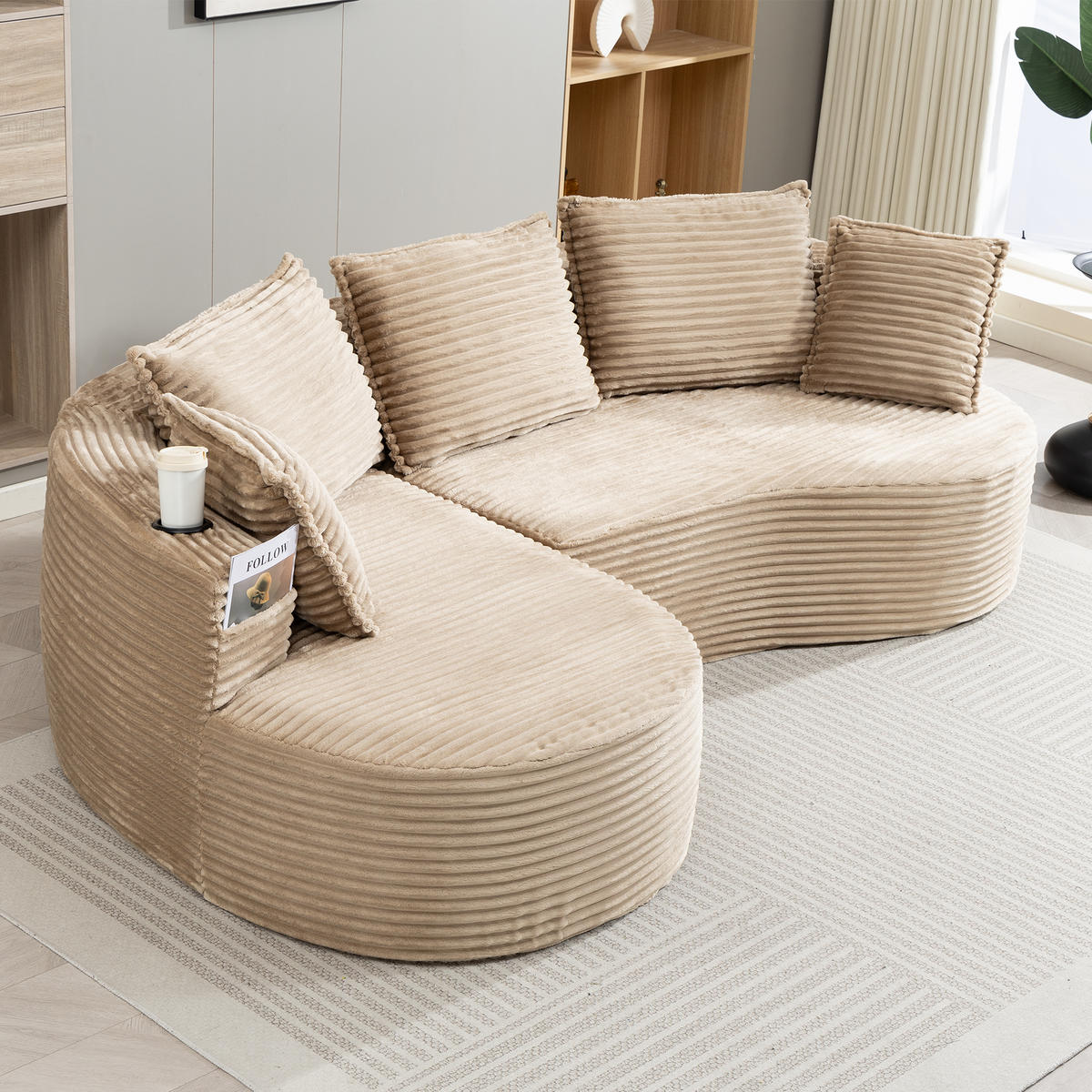 ECKSOFA 250/152/82 cm Khaki mit Becherhalter und Stautasche - Sandfarben, Textil (250/152cm) - Oxeza