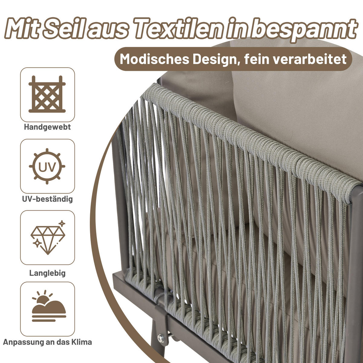 GARTENMOEBEL Set L-Form Eisen Grau Seil Verstellbare Füße 2 Sofas Tisch - Grau, Metall - FLIEKS