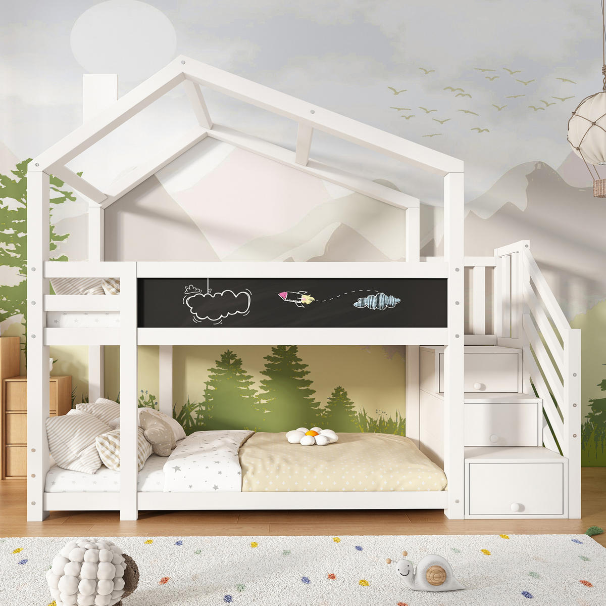ETAGENBETT aus Kiefer-Massivholz und MDF 90x200 cm in Weiß mit Tafel & Stauraum - Weiß, Holzwerkstoff (90/200cm) - Modfu