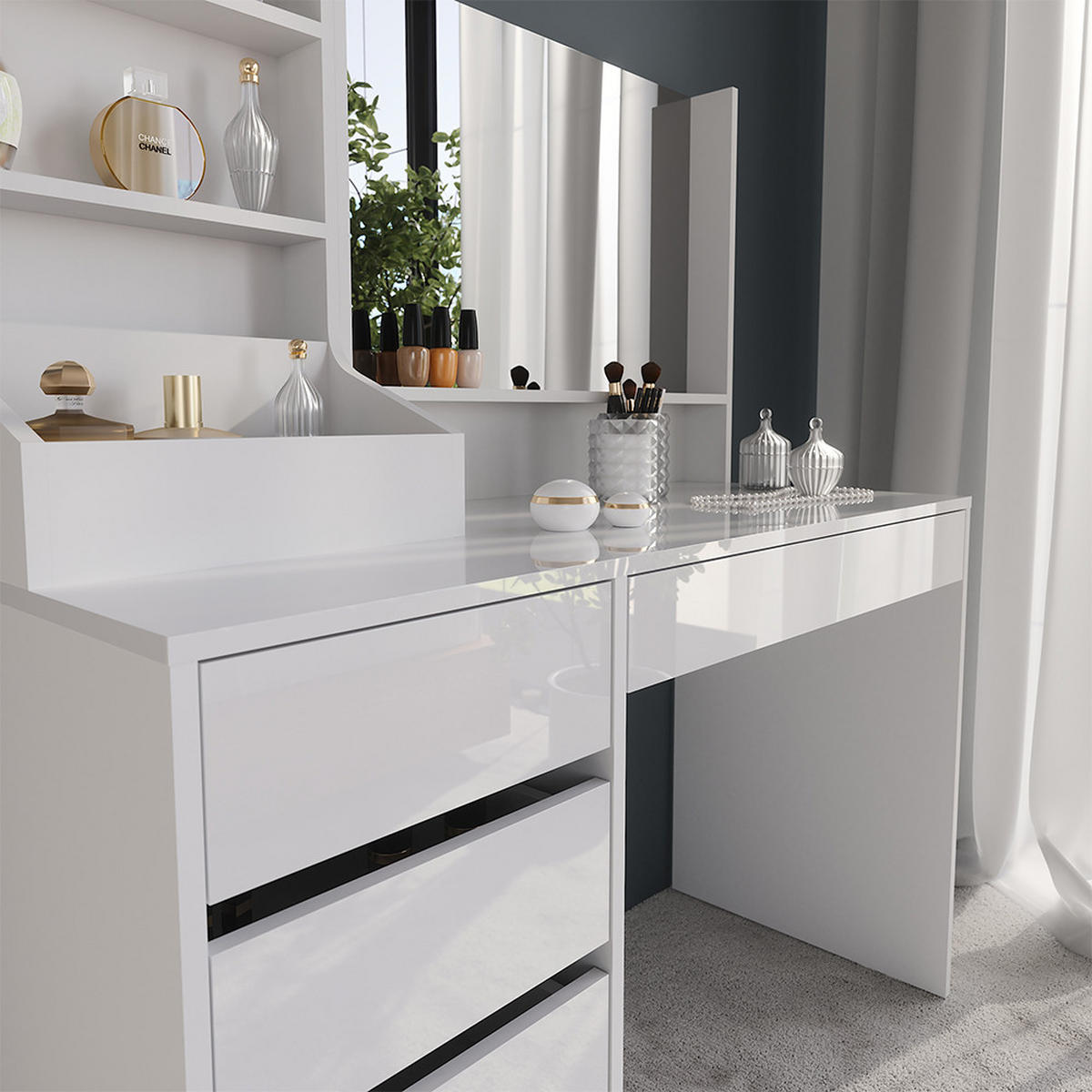 SCHMINKTISCH Sherry Weiß/Weiß Hochglanz 119.8 cm 3 Teile - Weiß Hochglanz, Holzwerkstoff (119.8/76/50.1cm) - Vicco
