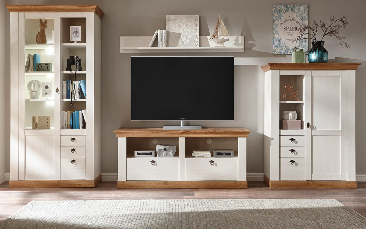 HIGHBOARD weiß Pinie, Eiche, Landhaus Kommode 100 x 140 cm - Silberfarben/Eiche Wotan, Holzwerkstoff/Metall (102/139/44cm) - Furn.Design