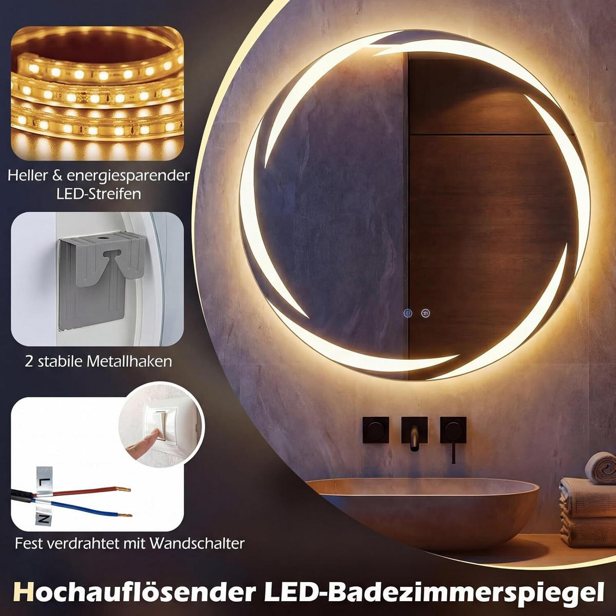 BADSPIEGEL mit Beleuchtung silber - Silberfarben, Glas (70/70/3cm) - COSTWAY