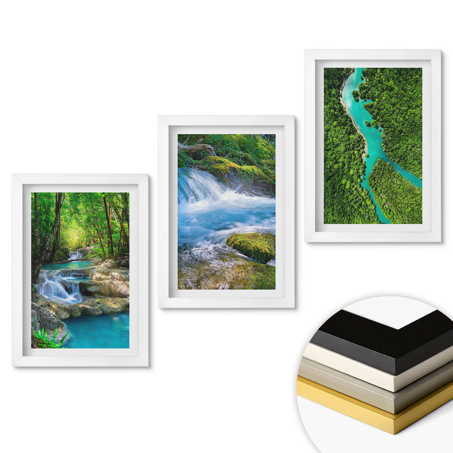 WANDBILDER 3er-Set - 20x30 cm Weißer Rahmen - Grüne Wälder, kristallklares Wasser - Weiß, Kunststoff (20/30cm) - ArtPrintCave