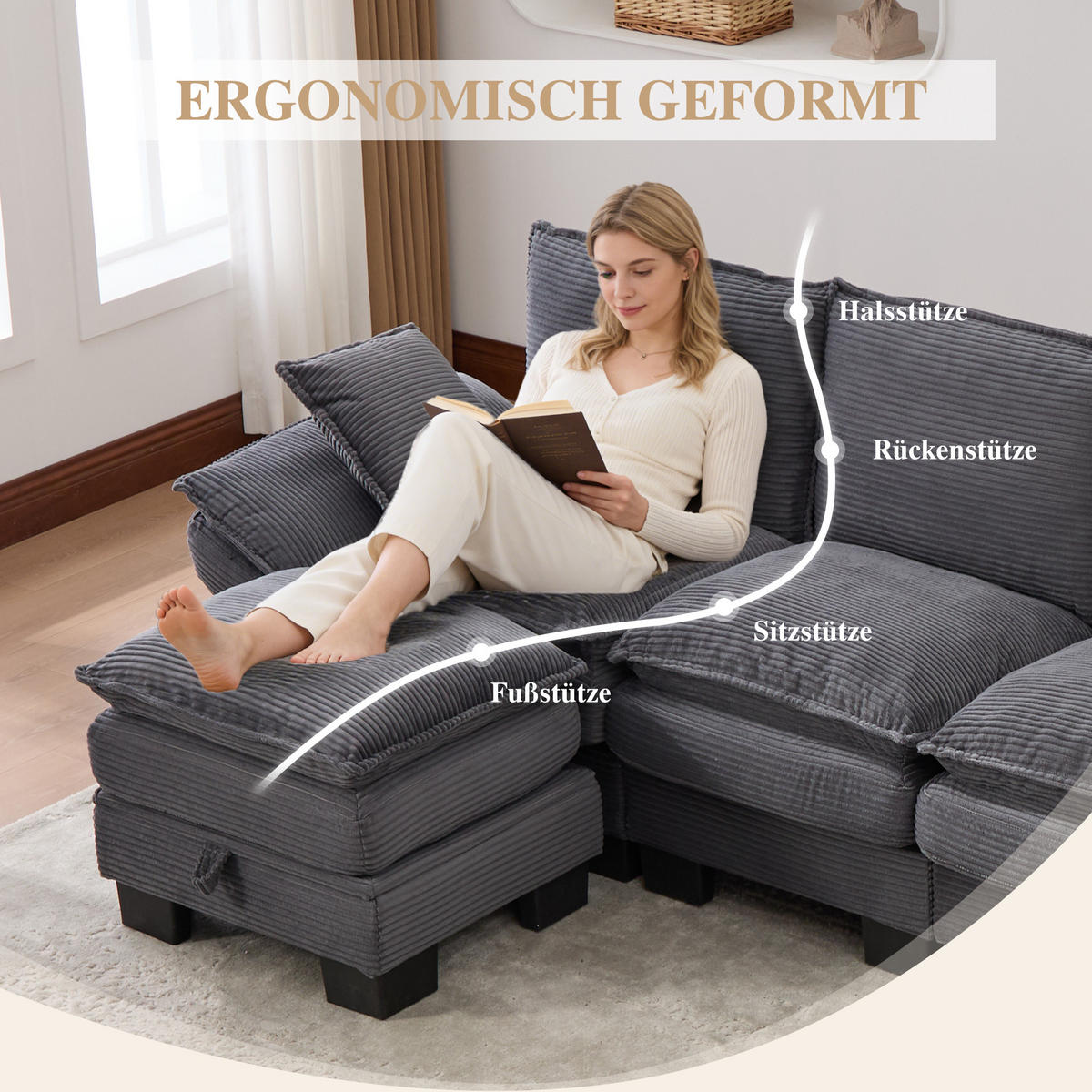 WOHNLANDSCHAFT Cord Dunkelgrau mit 2 Hockern, USB-C und Seitentaschen - Dunkelgrau, Holzwerkstoff/Kunststoff (330/84/132cm) - WISHDOR