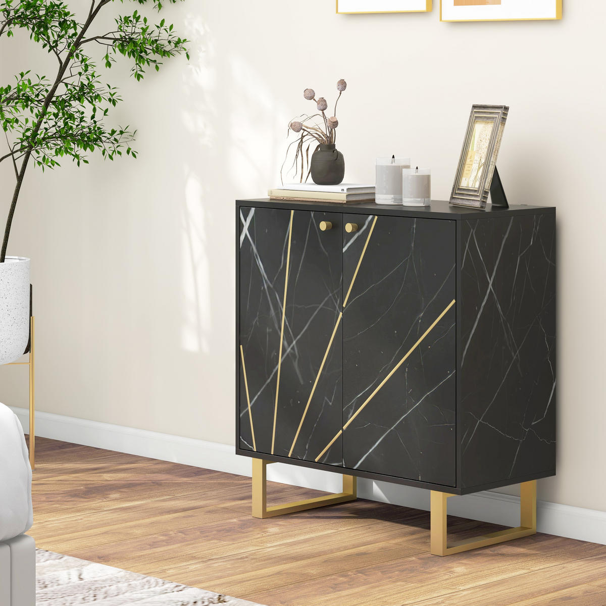 SIDEBOARD Schwarz Marmor-Optik, 2 Türen, 76/35/77 cm - Schwarz, Holz (76/77/35cm) - PANGIVO