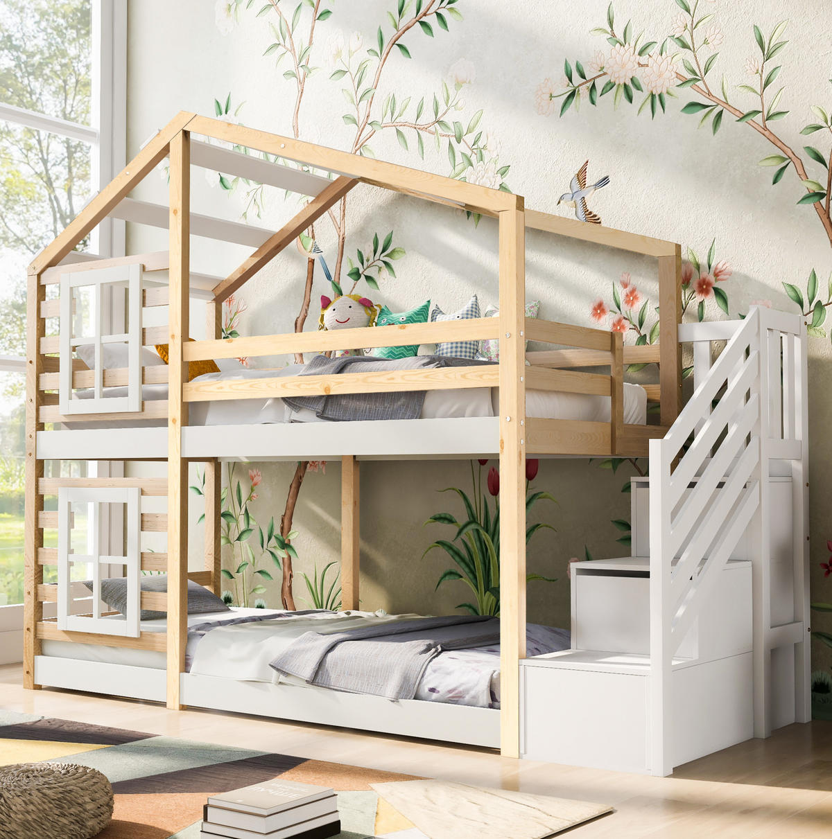 POLSTERBETT 90/200 cm in Natur/Weiß mit Stauraum im Baumhaus-Design - Naturfarben, Holzwerkstoff (90/200cm) - Flora Grace