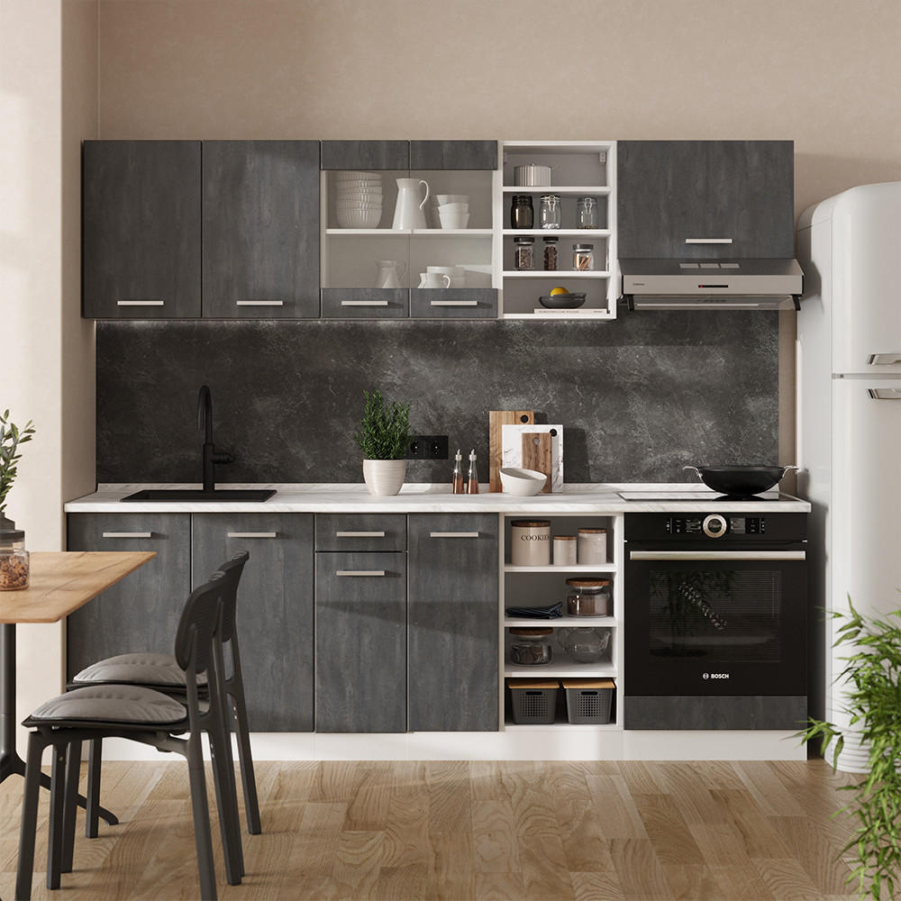 KÜCHENZEILE R-Line Schwarz Beton/Weiß 240 cm AP Marmor - Schwarz/Weiß, Holzwerkstoff (240/81.6/60cm) - Vicco