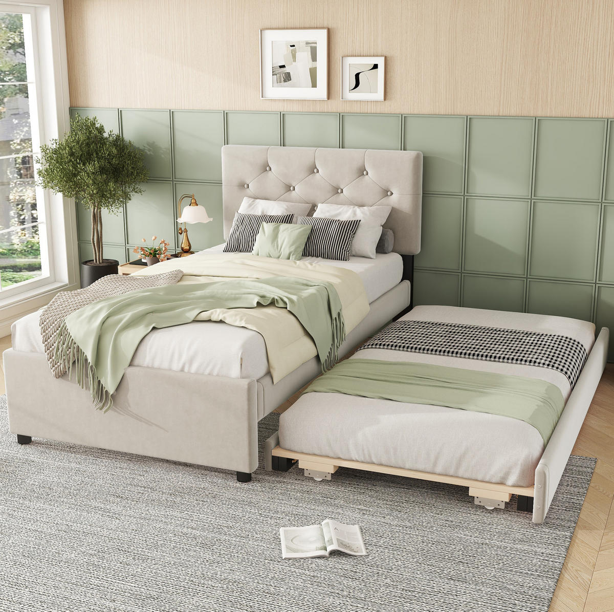 ČALÚNENÁ posteľ 90/200 cm béžová s výsuvným lôžkom zo zamatu a MDF - béžová, textil (90/200cm) - OKWISH