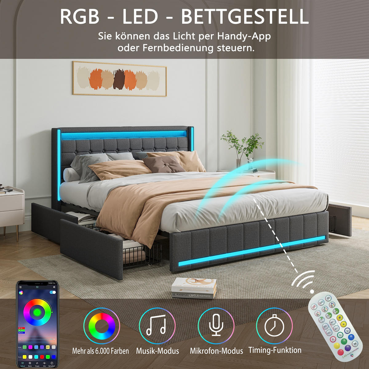 POLSTERBETT 140x200 cm Lumina Smart mit 3-Zonen RGB-LED, USB & USB-C, 4 Schubladen, Leinen-Optik, Dunkelgrau - Grau, Textil (140/200cm) - DELFA