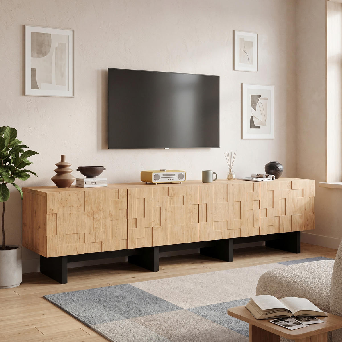 TV-BÄNK Naturträoptik 180 cm för 75 tums TV med 4 våffelmönstrade dörrar - Naturfärgad, Träbaserade material (180/45/38.5cm) - Urban Meuble
