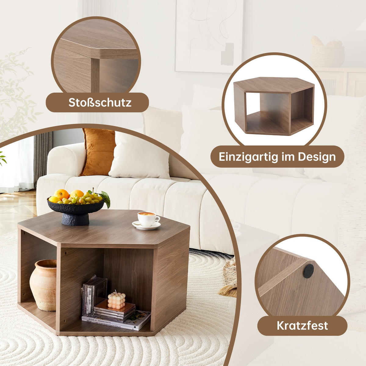 COUCHTISCH 69/79/40cm,Sechseckiger Tisch,Beistelltisch aus MDF,Braun - Braun, Holz (79/69.4/40cm) - LVHOM