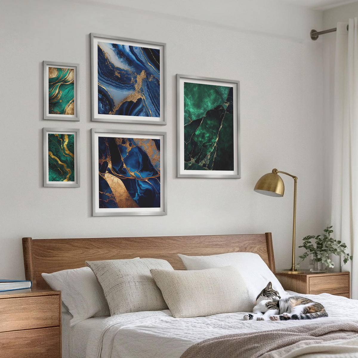 WANDBILDER 5er Set - 50x50 cm & 20x30 cm & 40x60 cm Silberner Rahmen - Blumen, heller Hintergrund, Marmormuster - Silberfarben, Kunststoff (40/60cm) - ArtPrintCave