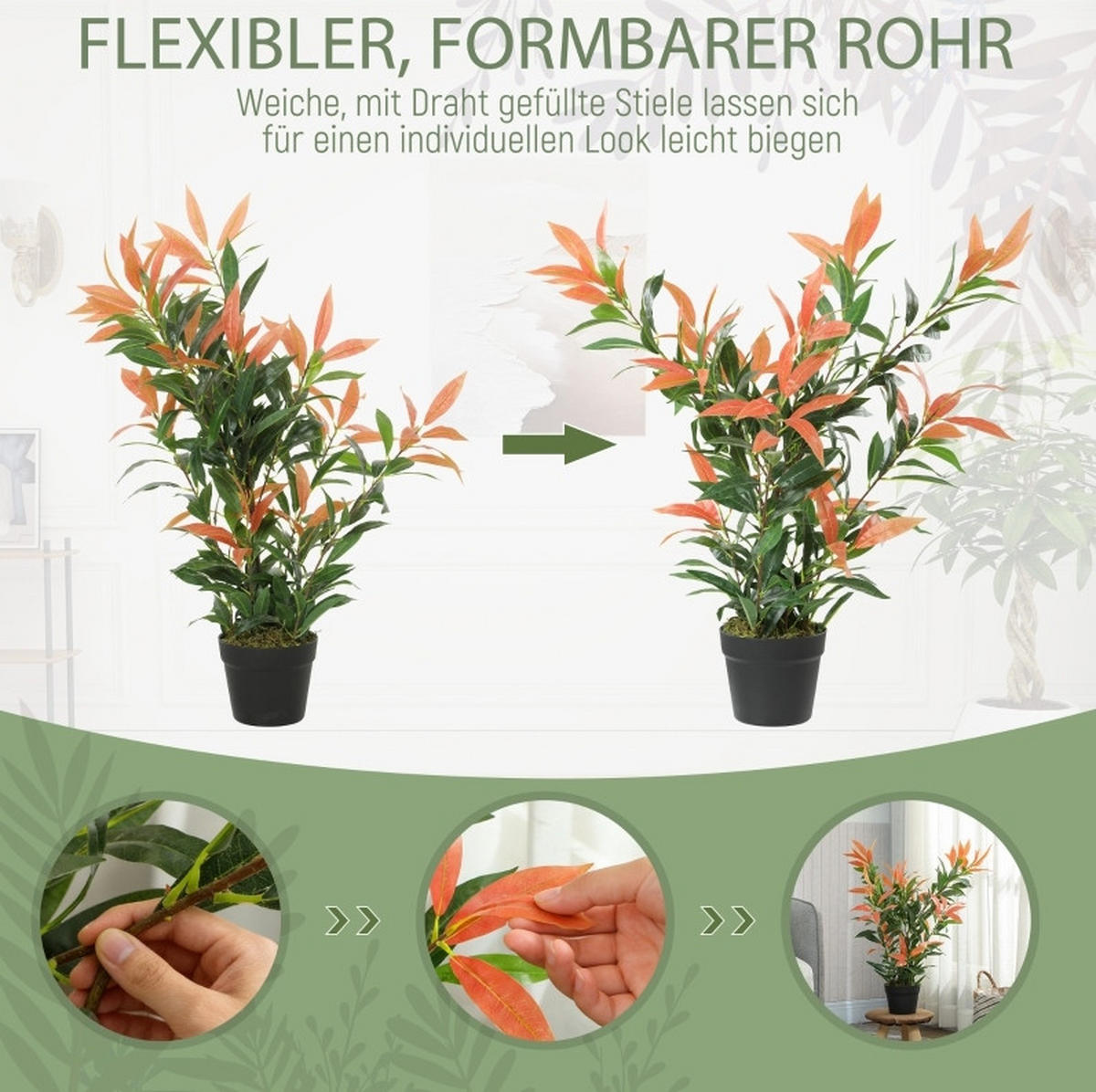 KUNSTPFLANZEN 45/45/90 cm rot aus Kunststoff mit flexiblen Zweigen - Rot, Kunststoff (90cm) - OKWISH