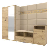 GARDEROBE NELA VIII 250 cm (Modulare Flurmöbel Artisan Eiche mit Spiegel & Sitzpolster Beige 04 Set XL) - Beige/Silberfarben, Holz/Holzwerkstoff (250/187/40cm) - Ravio