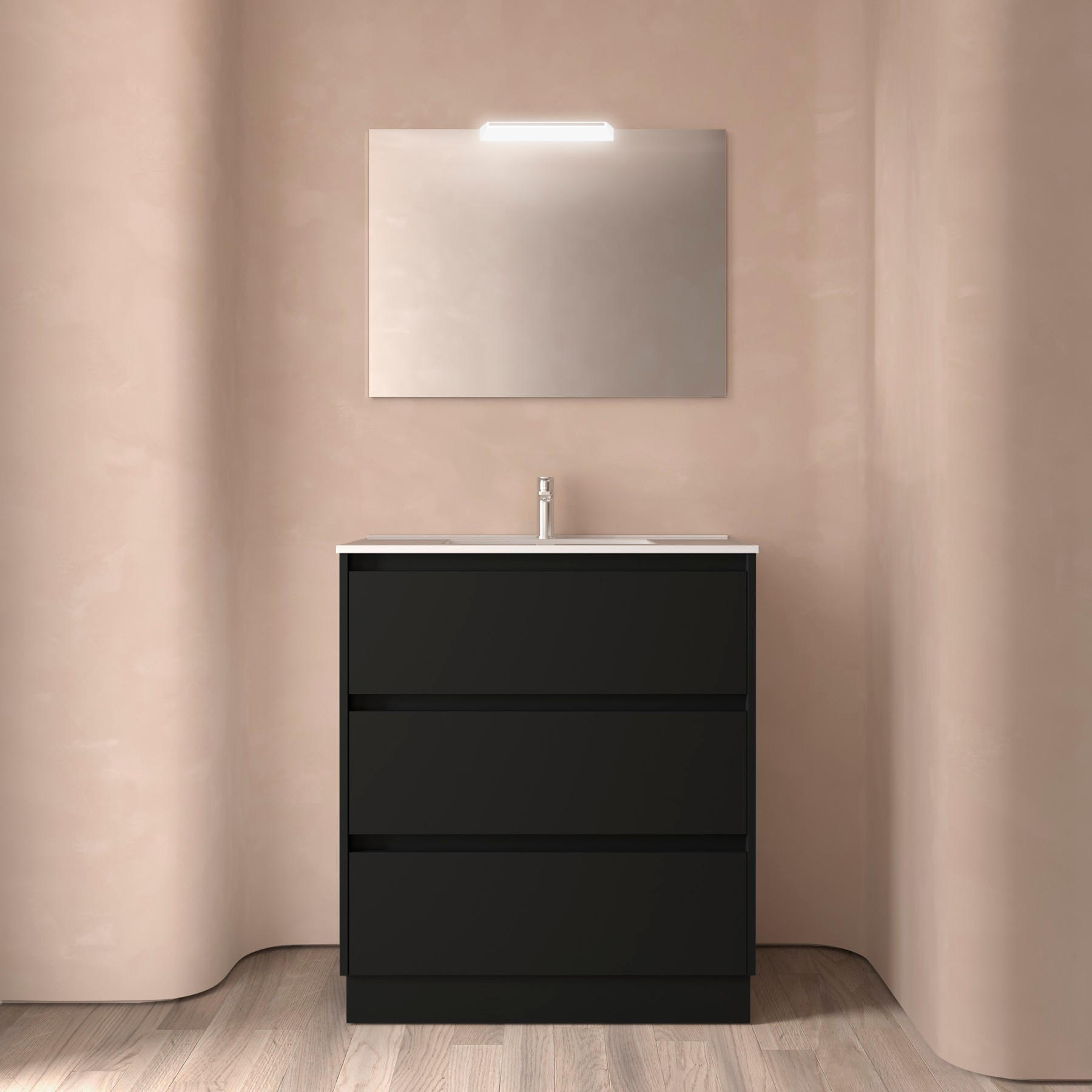 BADEZIMMERMÖBEL NOJA 800 3 Schubladen BLACK SATIN + Waschtisch + Spiegel - Schwarz, Metall (45/81/80cm) - Salgar
