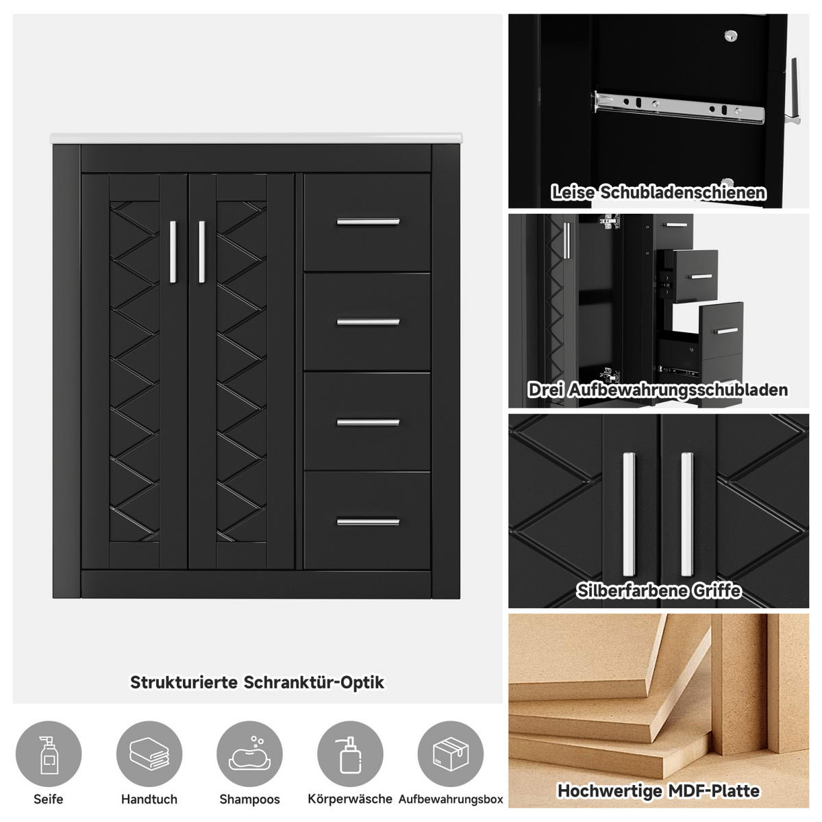 WASCHTISCHKOMBI,WASCHBECKENUNTERSCHRANK mit Keramikbecken 4 Schubladen - Schwarz, Holz/Metall (76/85/46cm) - PARAFTA HOME