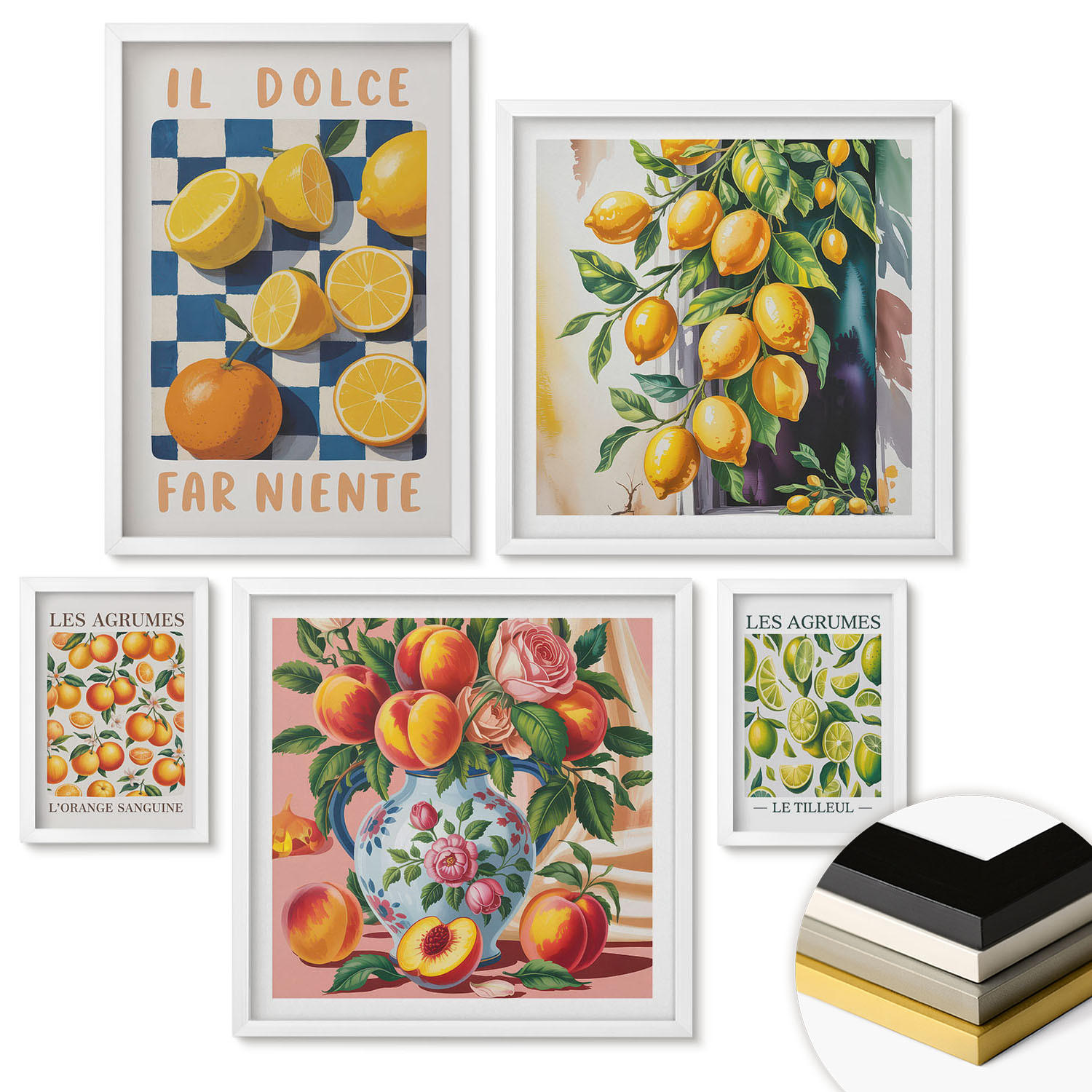 WANDBILDER 5er-Set - 50x50 cm & 20x30 cm & 40x60 cm Weißer Rahmen - Zitronenbäume im Topf - Weiß, Kunststoff (40/60cm) - ArtPrintCave