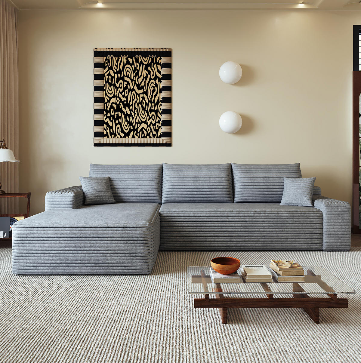 ECKSOFA 270 cm in Grau aus Cord mit weicher Polsterung - Grau, Textil (175/270cm) - Flora Grace