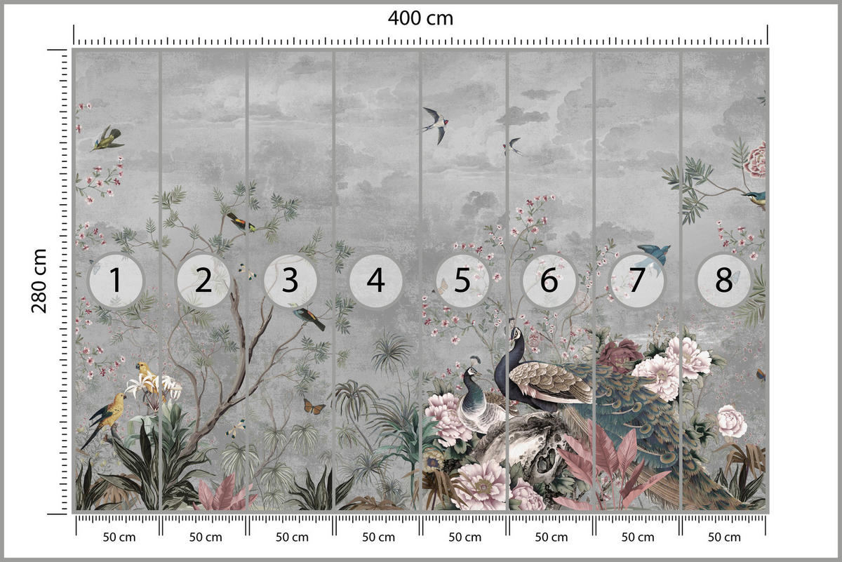 FOTOTAPETE für Büro Pfauen Vögel Pflanzen Bäume Tropische Blumen 400x280 - Multicolor, Papier (400/280cm) - Muralo