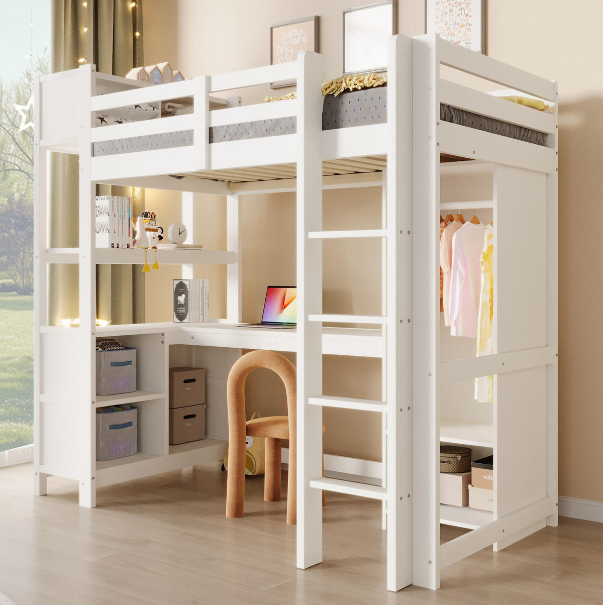 HOCHBETT 90/200 cm mit Schreibtisch, Regalen und Kleiderschrank, aus Kiefernholz und MDF, Weiß/Natur - Weiß, Holzwerkstoff (90/200cm) - Redom