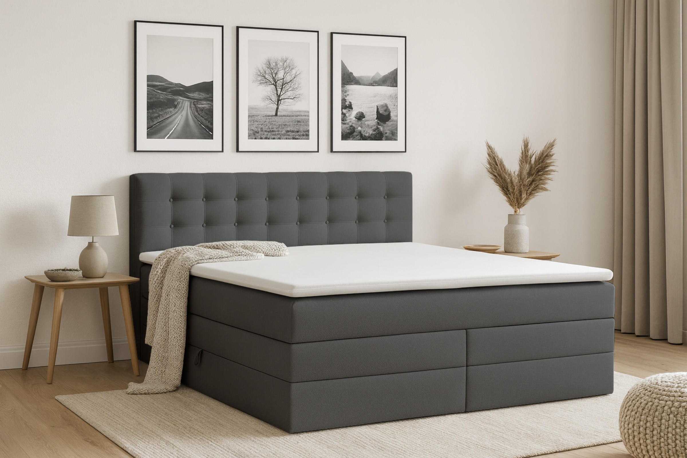 Thumbnail - Deine Möbel 24 Boxspringbett, Dunkelgrau, Holzwerkstoff, Holz, Textil, H3, 200x200 cm, Schlafzimmer, Betten, Boxspringbe...