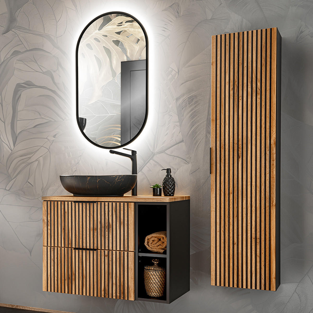 BADMÖBEL 80.6cm Gaia 2er-Set Holz in Eichenoptik und Schwarz - Schwarz, Holzwerkstoff (80.6/59/46cm) - Petits-meubles