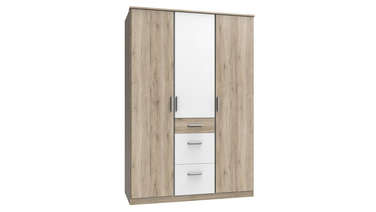 KLEIDERSCHRANK Joker in Eiche San Remo Weiß - Drehtürenschrank 3 türig - Braun, Holzwerkstoff (135/199cm)