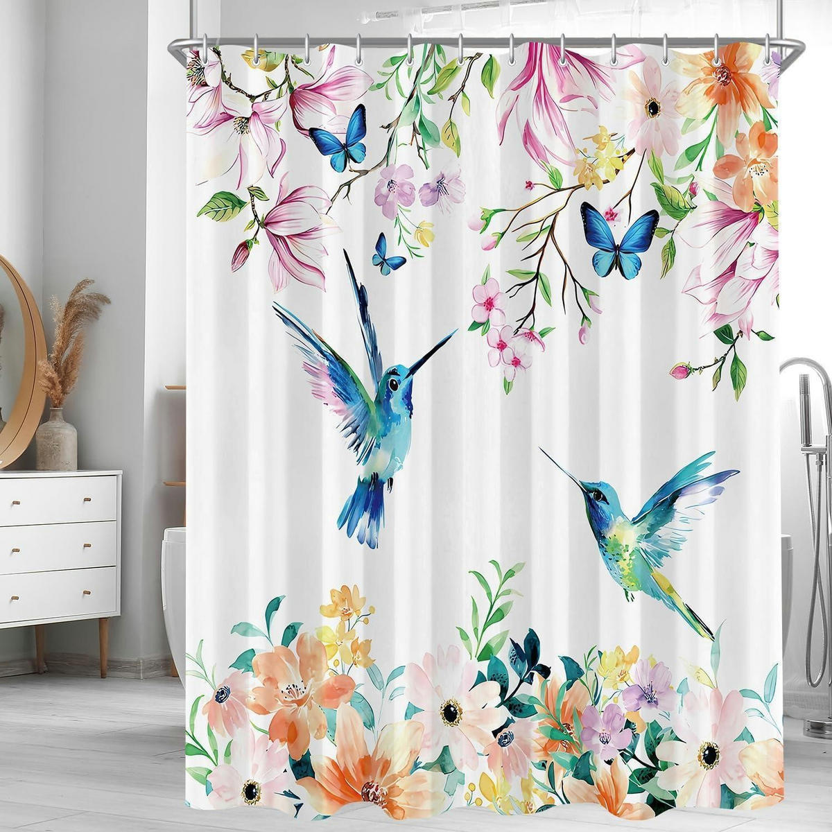DUSCHVORHANG Rosa Blumen Vogel 120 x 200 cm - Multicolor, Textil (120/200cm)