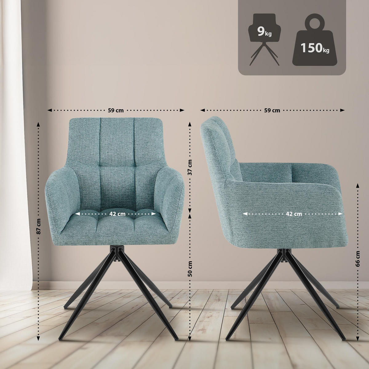ARMLEHNENSTUHL 2er Set Stoff Türkis - Türkis/Schwarz, Textil/Metall (59/87/59cm) - CLP