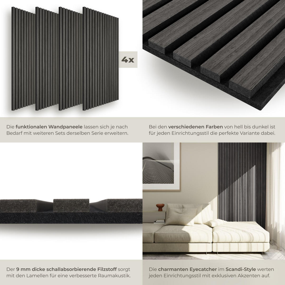 AKUSTIKPANEELE 4er Set Sonic Wall II Holzoptik Echtholzfurnier Schallabsorber, Größe flexibel anpassbar, Eiche schwarz - Schwarz, Holz (50/1.8/110cm) - tectake